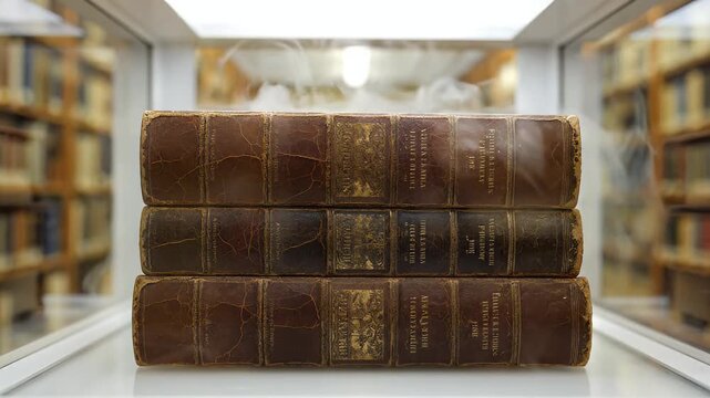 Stack of three antique leather-bound books with golden accents displayed in a library setting with mist