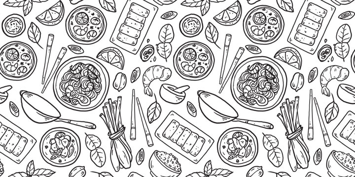 Hand drawn Thai food seamless pattern. Asian food  doodles. Hand drawn vector illustration for menu, packaging design. Thai cuisine. Simple sketch style. Minimalist line art