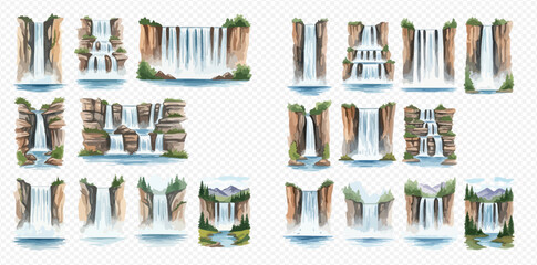 Set of watercolor waterfalls with rocks, mountains, and green foliage, isolated on transparent background. © studio
