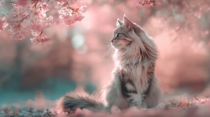 Obraz premium Spring season, garden, flower, fresh, life. A fluffy cat with a white and gray coat perched atop a tree branch, surrounded by delicate pink blossoms. The background is slightly blurred.