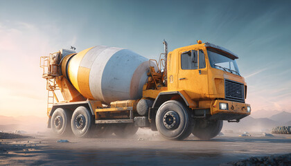 Concrete mixer truck on construction. driving. Building and transport concept