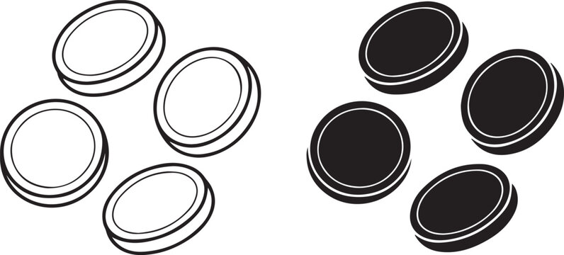 Black and white coin icons set showing outline and solid circular tokens