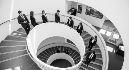 Fototapeta premium Business professionals ascending spiral staircase in modern office setting