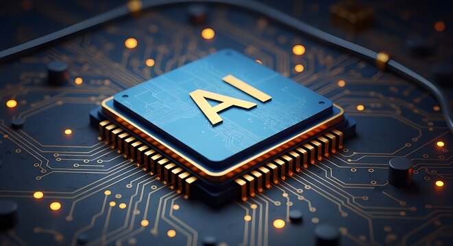 powerful computer processor microchip with the word representing artificial intelligence, AI technology