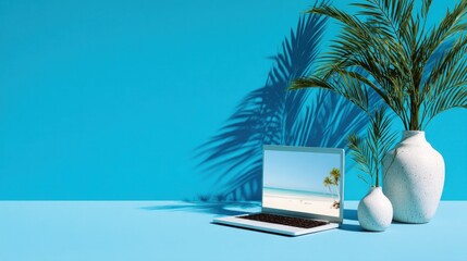 A laptop displays a beach scene with palm trees, set on a blue surface with a vase of palm leaves, casting shadows on a blue backdrop