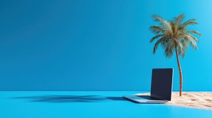 A laptop rests on sand, with a palm tree, against a blue backdrop, simulating a tropical work environment with digital nomad vibes