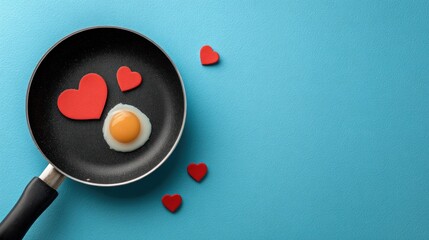 Overhead shot of a black skillet containing a fried egg and several red heart-shaped decorations, on a vibrant blue background
