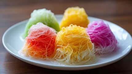 Five brightly colored, delicate, and intricately spun dessert cakes sit atop a simple white plate against a blurry wood-grain background, inviting aesthetic