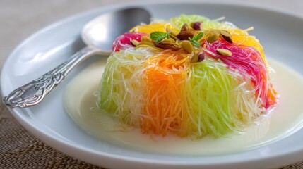 A colorful, layered dessert of vibrant, thin noodles is centered on a white plate, spoon alongside in creamy sauce, garnished with nuts and mint