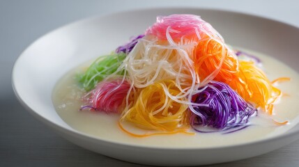 A vibrant dessert features colorful, thin noodles stacked high and partially submerged in a creamy white liquid, served in a simple white bowl