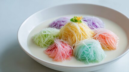 A white bowl cradles colorful, layered dessert nests floating in a creamy liquid. The nests are pastel shades, adorned with a green herb and yellow flower