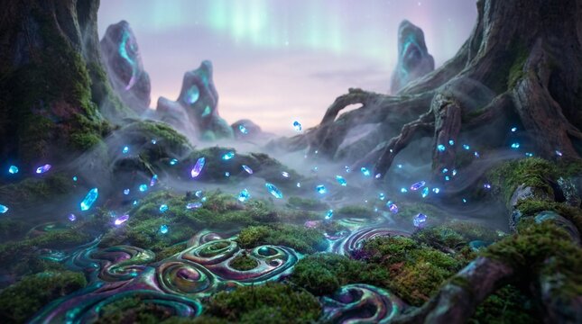 Glowing crystal particles gently float above a textured ground adorned with intricate