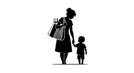 Fototapeta premium Mother and Child Silhouette Walking Together.