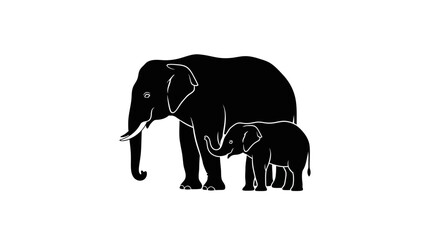 Silhouette of an adult elephant with a young calf.