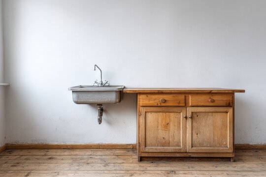 Rustic wooden cabinet and metallic utility sink installed against a plain white wall above wooden flooring