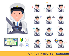 車を運転する運転手男性のセット。運転席。