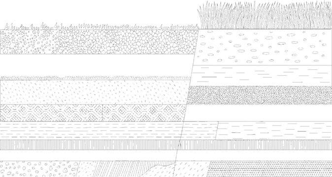 Cross section of soil layers with varied textures and grass on