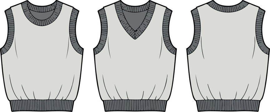 Minimal Sweater Vest Technical Drawing Vector Set With Front And Back View Fashion Flat Template