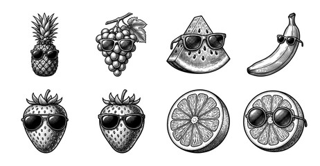 Obraz premium Set of hand drawn monochrome fruit characters wearing sunglasses in a vintage woodcut engraving style including pineapple grapes watermelon banana strawberry and orange.
