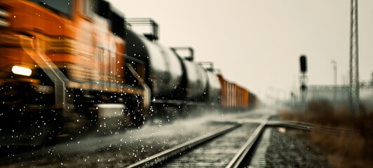 Obraz premium A speeding freight train, blurred by motion and rain, travels along wet railway tracks on a dull, overcast day