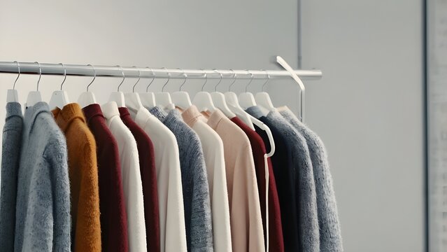 female autumn clothes on hangers in white room
 negative: blurry, watermark, plastic, logo, text, oversaturated
