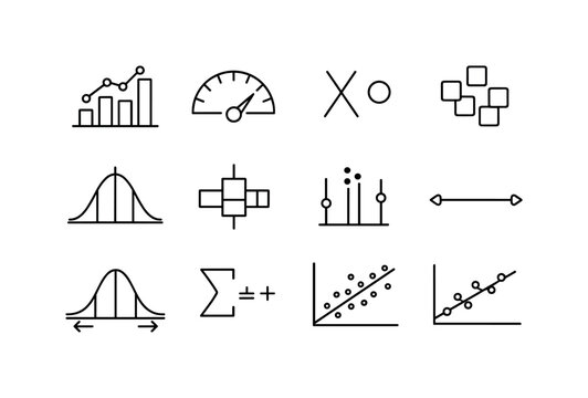 Line style vector icons of statistical analysis icons: statistic, metric, variable, sample; mean, median, mode, range; variance,