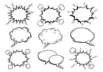 Obraz premium Dynamic Black and White Comic-Style Speech Bubbles, Thought Clouds, and Explosive Burst Graphic Elements for Communication and Expression