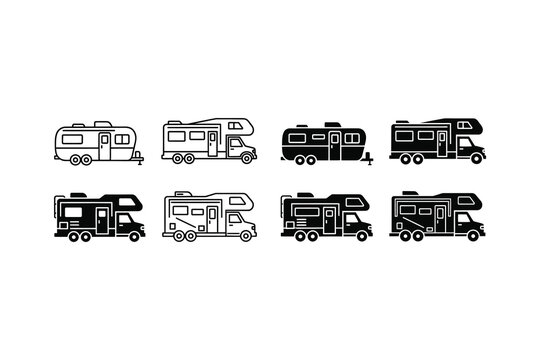 Variety of stylized recreational vehicles and camper trailers in black and white