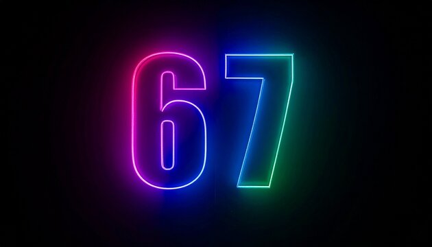 Number 67 with neon outline. Glowing number on dark background