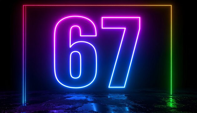 Number 67 with neon outline. Glowing number on dark background