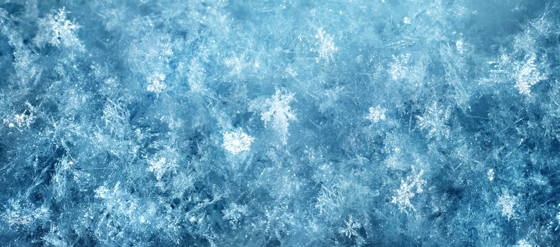 Macro photography of delicate ice and hoarfrost crystals forming natural snowflake patterns on a deep blue winter background, ideal for seasonal, cold, and abstract concepts.