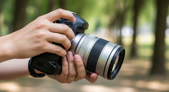 Person Holding Camera Outdoors in Park