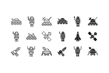 Vintage icons of robots and space exploration equipment in black and white style