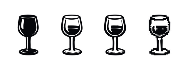 Set of Wine Glass and Champagne Flute Icons in Solid, Outlined, Shaded, and Pixelated Formats