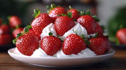 Fresh strawberries piled high with whipped cream on a plate