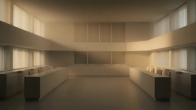 Modern Courtroom Interior Judicial Chamber with Natural Light Legal Concept.