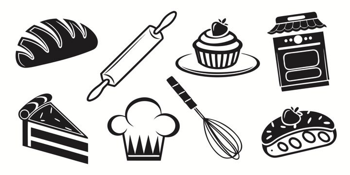 Assorted baking utensils and treats including a cake, bread, and a rolling pin Vector