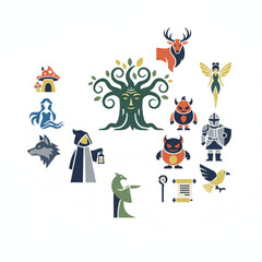 Fantasy creatures and characters collection, including a stag, wolf, wizard, knight, fairy, monsters, and a magical tree, all presented as icons