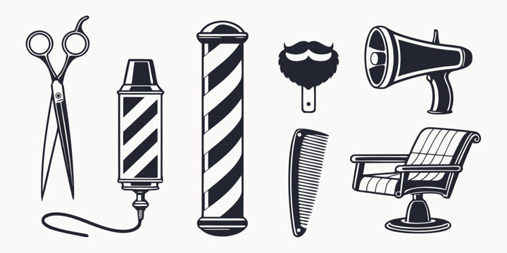A variety of tools and equipment used in barbering and hairdressing Vector