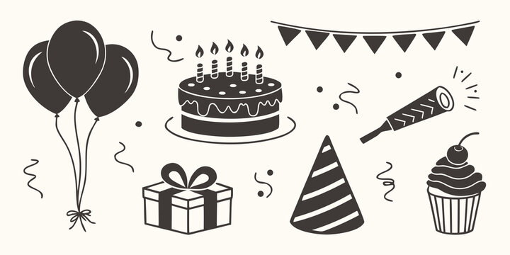 A festive birthday celebration with cake, balloons, and party decorations Vector