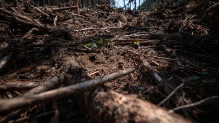 Splintered wood and debris creating an uneven forest floor after clearing