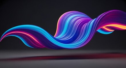 A vibrant neon-colored abstract twisted ribbon glows with blue, purple, and pink hues over a dark background.