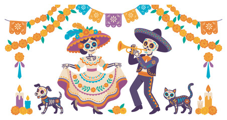Naklejka premium Day of the Dead skeleton characters celebrating with a dancing Catrina, a mariachi playing trumpet, pets, marigolds, and papel picado in a festive cartoon vector illustration set