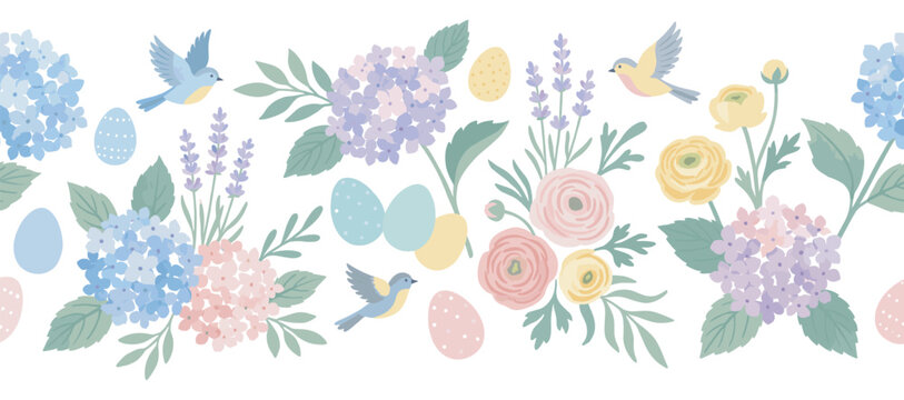 Decorative seamless Easter floral border pattern with pastel hydrangea, ranunculus, lavender, flying birds, and colorful eggs in a charming hand-drawn vector illustration style