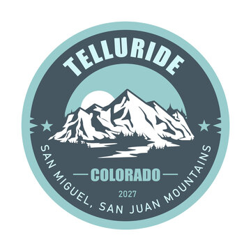 Telluride ski resort, Colorado,  San Juan Mountains USA, emblem with snow-covered mountains, vector