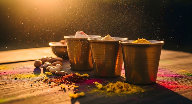 Brass cups with Holi gulal powder, nuts and saffron in golden sunlight