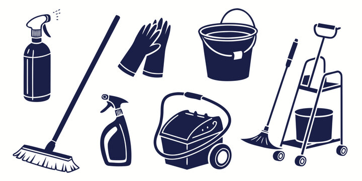 Assorted cleaning tools and equipment arranged in a row Vector