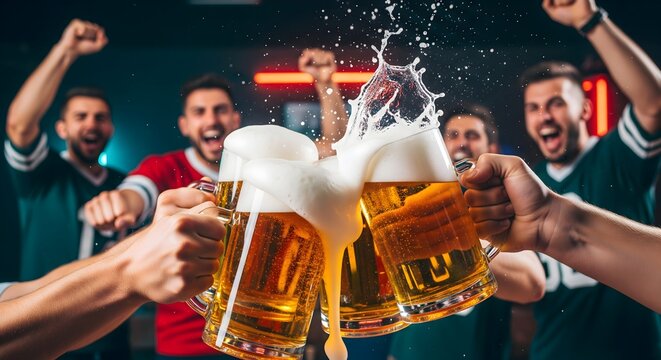 Cheering soccer fans toasting splashing beer mugs in a neon lit sports bar.