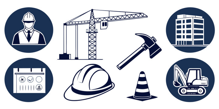 Assorted icons representing various construction and industrial equipment. Vector