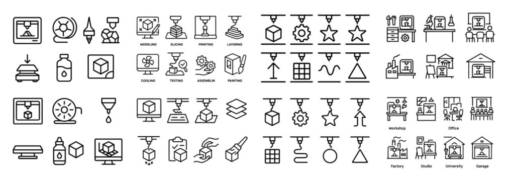 3d printing process line icons set